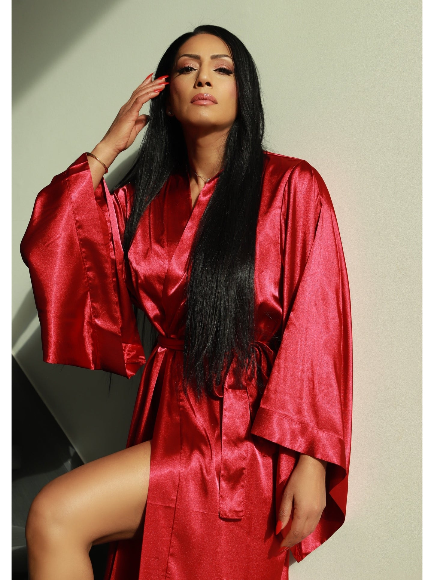 Wearing luxury Burgundy Babe Satin Kimono Style Robe.